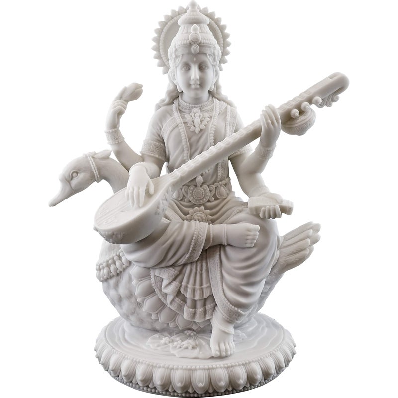 Top Collection 8" H 7" W Saraswati on Swan Statue in White Marble Finish - Hindu Goddess of Knowledge Sculpture - Image 1